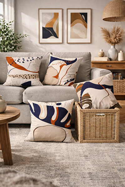 SasoHome مجموعة من 4 أغطية وسائد مطبوعة رقمية بأشكال سريالية هندسية باللون ال...