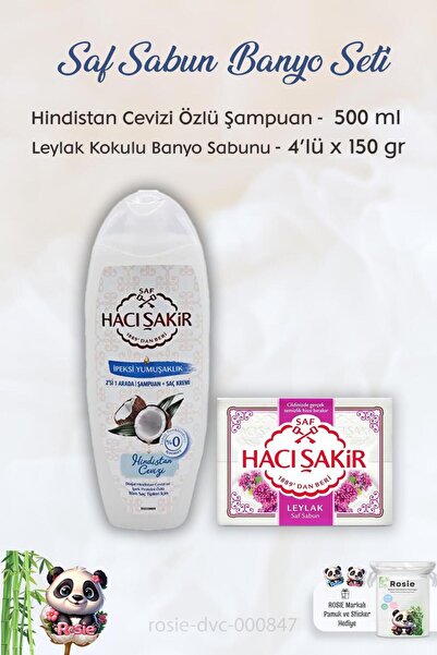 Hacı Şakir Coconut Shampoo 500 Ml, Lilac Scented Bath Soap 4 X 150 Gr and Rosie