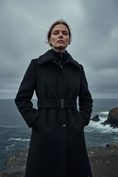 Zühre معطف أسود مطرز بياقة واسعة وحزام 14041