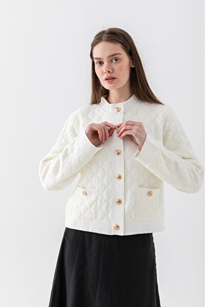 Butik Kadın yumoş çıtçıt düğme cepli baklava desenli hırka