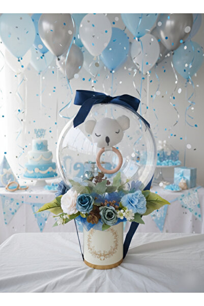 Genel Markalar Büyülü Balon-Mavi Beyaz Çiçek Buketi Bebek Çıngırak Doğum Hedi...