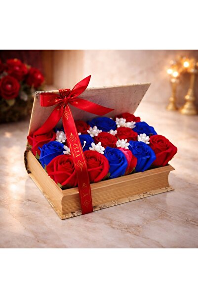 velve Aranjament floral cu 15 trandafiri din sapun, in cutie tip carte, rosu-...