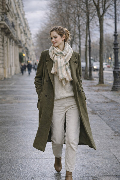 KRAFTELLA Cream Plaid Patterned Wool Shoulder Shawl |   Soft Textured Winter ...