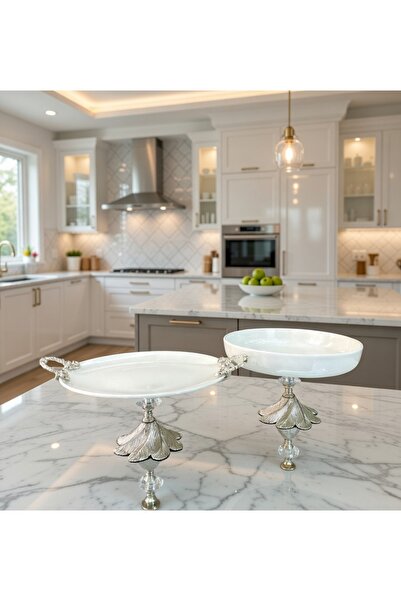 Sillage Home 2-Piece Porcelain Footed Presentation Plate with Handle and Sala...