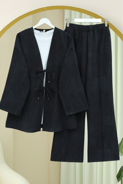 Modamorfo Linen Kimono Set with Tie-Front Pants - Black