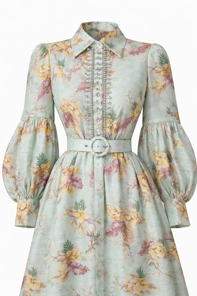 Julidress Green Stone Embellishment Detailed Belted Premium Design Linen Dress