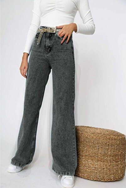 Trn JNS Ash Grei Smoked Pover Licra Super High Vaist Shabbi Jeans Palazzo Pants