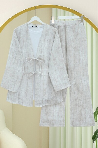 Modamorfo Linen Kimono Set with Tie-Front Pants - Stone