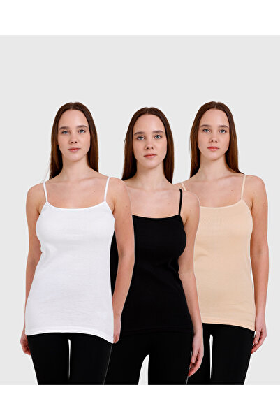 Clara Butik Women's Lycra Strap Tank Top 3-Piece Economic Pack Black/White/Tan