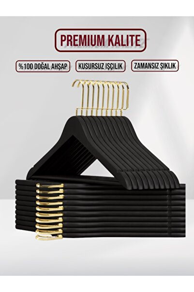 SDF Askı Siyah Ahşap Gold Lama Kancalı Elbise Pantolon Askısı 10 adet