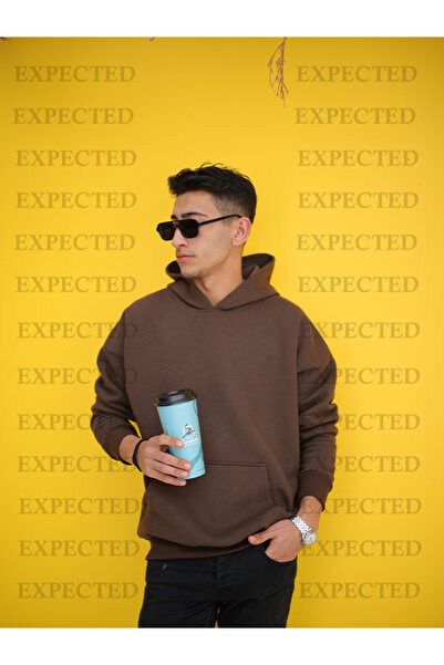 EXPECTED سويت شيرت رجالي بني اللون بمقاس كبير و3 خيوط وقبعة مزودة برباط