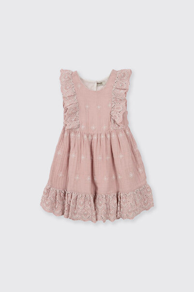 Panço Kız Bebek Nakışlı Müslin Pembe Elbise