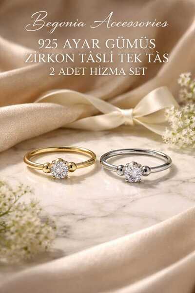 Begonia Accessories 925 Ayar Gümüş Altın Kaplama Minimal Zirkon Tek Taş Çift ...