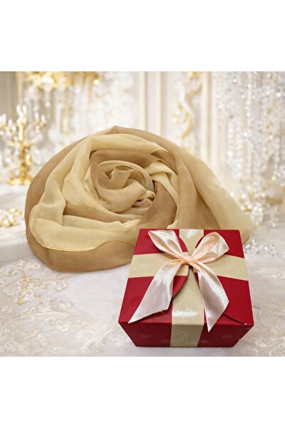 velve Esarfa satinata de dama, in cutie cadou, Maro-crem, 163x50 cm