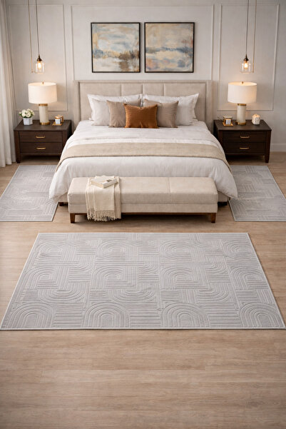 BESELY Açık gri Bohem Emboss Yatak Odası Halısı 3lü Set Kaymaz Taban Halı Tak...