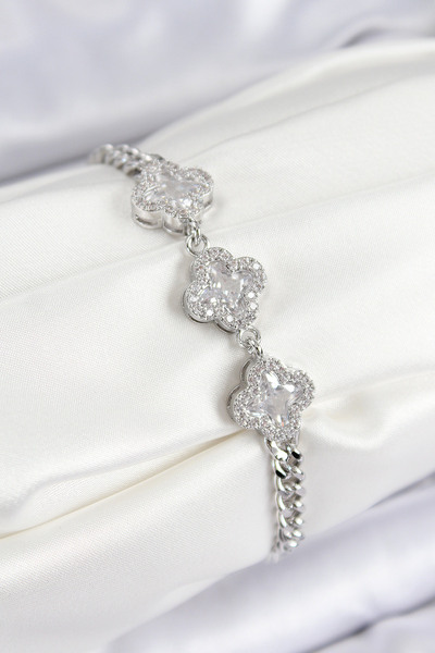 Skygo Brass Zircon Stone Clover Model Silver Color Women's Bracelet - Tj-Bb7546