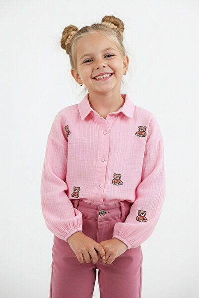 Fulla Moda %100 Pamuk Ayıcık Nakışlı Kız Çocuk Gömlek