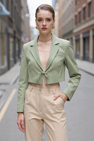 Rays سترة بليزر قصيرة من الكتان الأخضر الزيتوني مصنوعة من القطن بنسبة 100% وم...