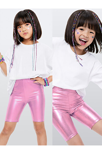 Denokids Kız Çocuk Tayt Pembe Parlak Metalik Disco Tayt Dizüstü Varak Kumaş