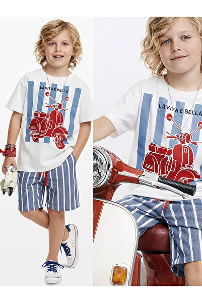 Denokids طقم صيفي للأولاد من تي شيرت قطني 100% وشورت منسوج مخطط مطبوع