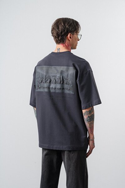 Respire Erkek Da Vinci Baskılı Oversize T-Shirt Füme