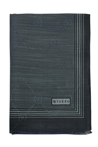 Vakko Бавовняний шовковий шарф - з бордюром і монограмою - димчастий