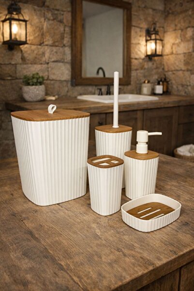 Okyanus Home Adhesive Wood Patterned Sapphire White 5-Piece Bathroom Set
