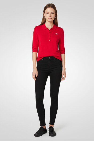 Lacoste Women Regular Fit Embroidered Logo Elbow Sleeve Polo, Red