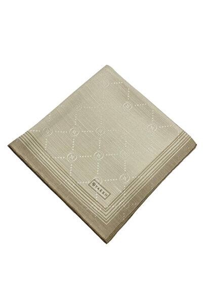 Vakko Cotton Silk Scarf - Monogram with Border - Soft Beige