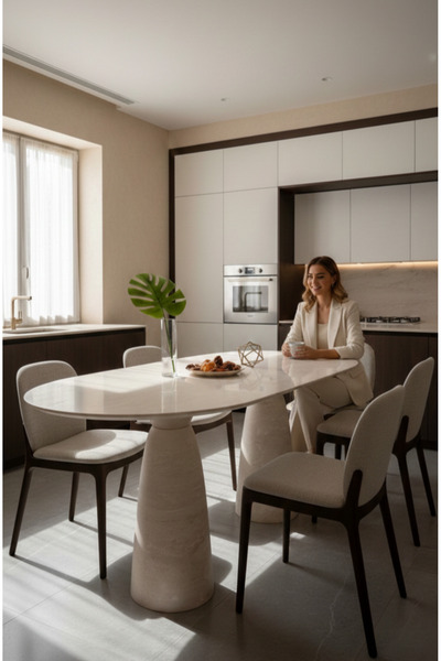 niza dekorasyon DOĞAL TRAVERTEN PERİ BACASI OVAL YEMEK MASASI