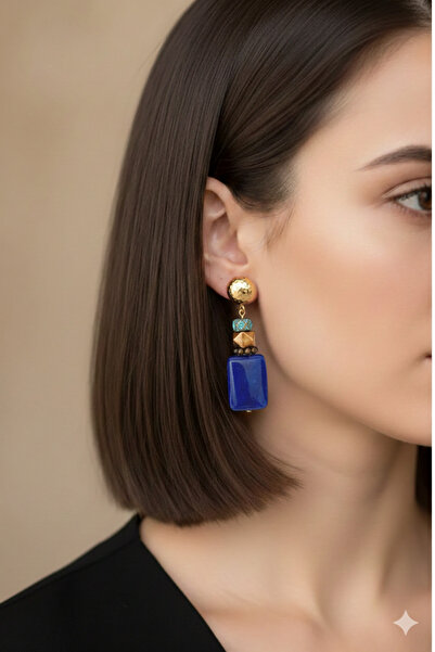 PETEK AKSESUAR Natural Stone Design Earrings Navy Blue