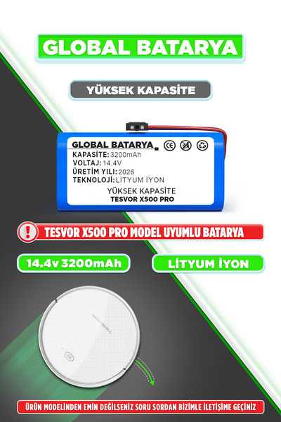 GLOBAL BATARYA Tesvor X500 Pro Akıllı Robot Süpürge Bataryası 14.4v 3200mah L...