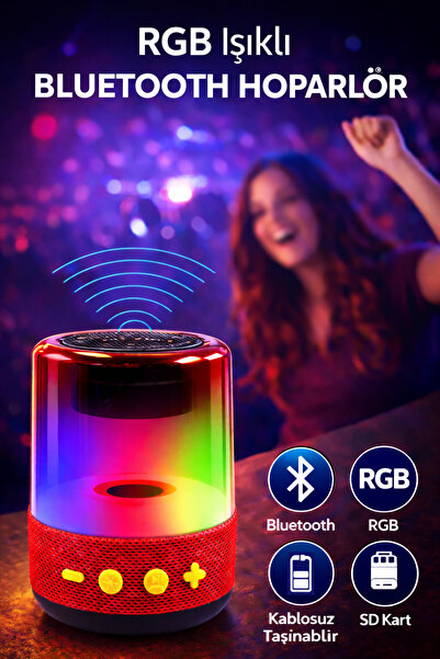 DEMPOWER Işıklı Taşınabilir Bluetooth Hoparlör Ses Bombası Kırmızı