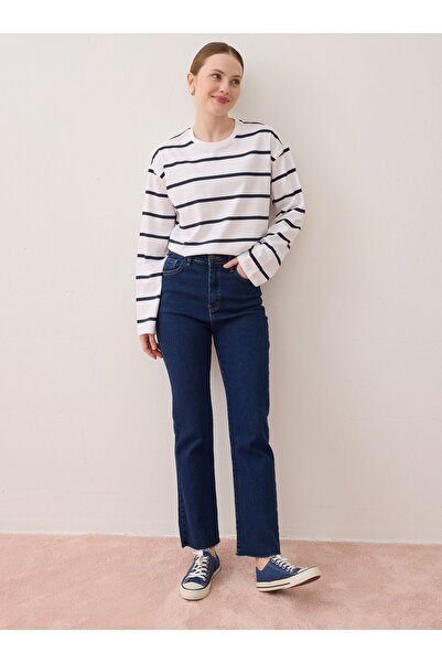 Benin Çizgili Basic Tunik - Ekru - Lacivert Çizgili -