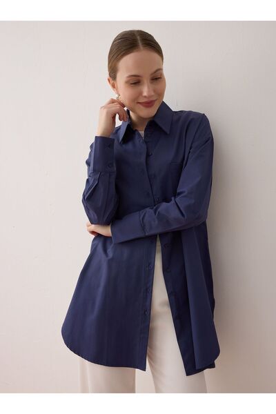 Benin Поплинена риза с джоб и удължен гръб - тъмно син цвят -