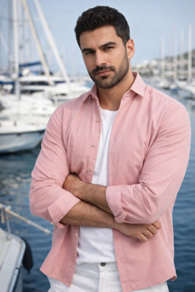Varetta Muška pastelno roza košulja bez džepova, široka kroj dugih rukava