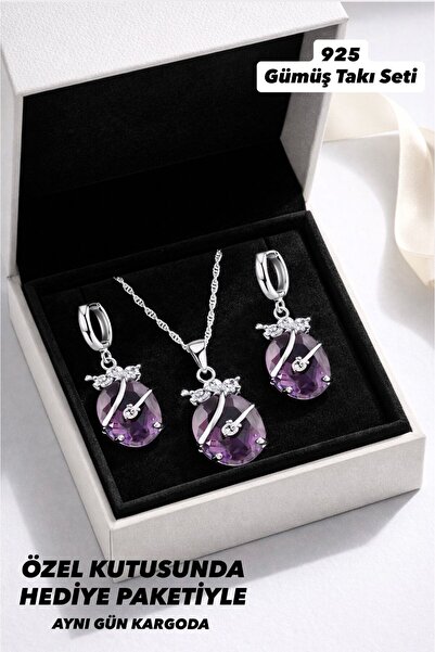 BEREN KILIÇ 925 Ayar Gümüş Zarif Mor Damla Taşlı Kolye & Küpe Takı Seti