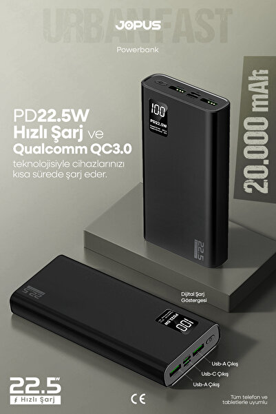 Jopus 20000mAh PowerBank PD 22.5W Hızlı Şarj - Dijital Ekranlı - Taşınabilir ...