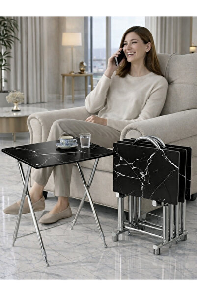 Boboco 4'lü Katlanır Cam Beyaz Mermer Desen Gold Detay Çanta Zigon Sehpa Krom...