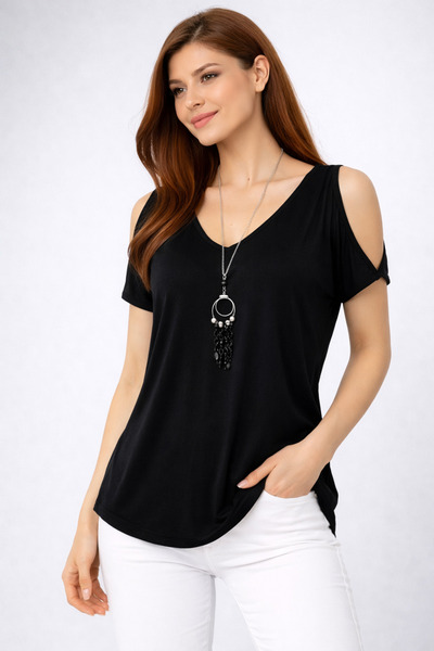 modavingo Kadın Siyah Açık Omuz Kolye Aksesuarlı Rahat Kalıp Bluz