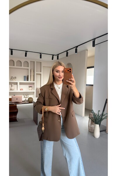 Sezgi Tekin Oversize Bone Buttoned Khaki Blazer Jacket