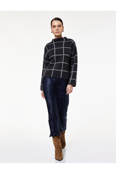 Koton Slim Fit Midi Σατέν Φούστα με υφή ψαροκόψιμου κοπής