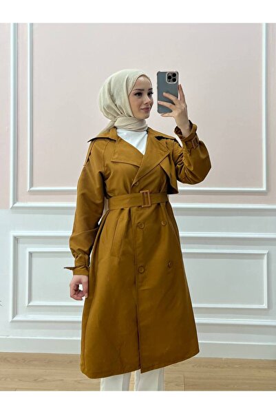 Esre Store Kol Ve Omuz Detaylı Tesettür Trençkot Taba