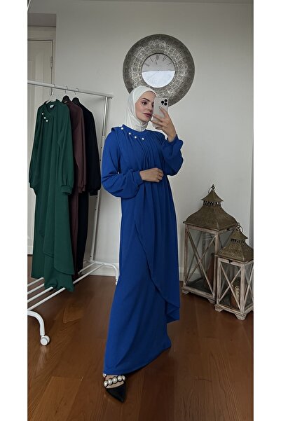 Esre Store فستان تريكو حجاب مزين بالأحجار باللون الأزرق