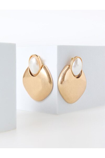 Jimmy Key Altın Rengi Oval Figürlü İncili Küpe