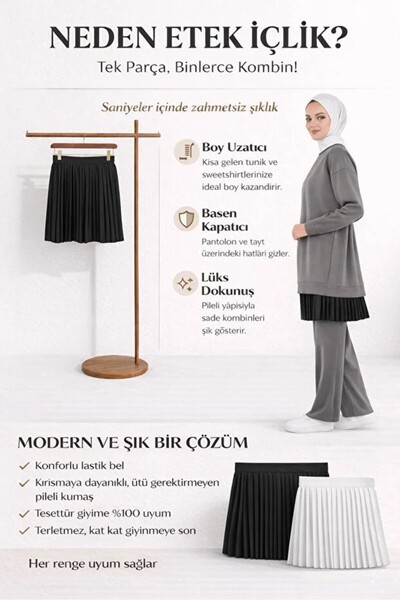 Modabenna Ekru-siyah 2'li Paket Kadın Lastikli Piliseli Astar Kadın Mini Etek Içlik Pileli Pliseli