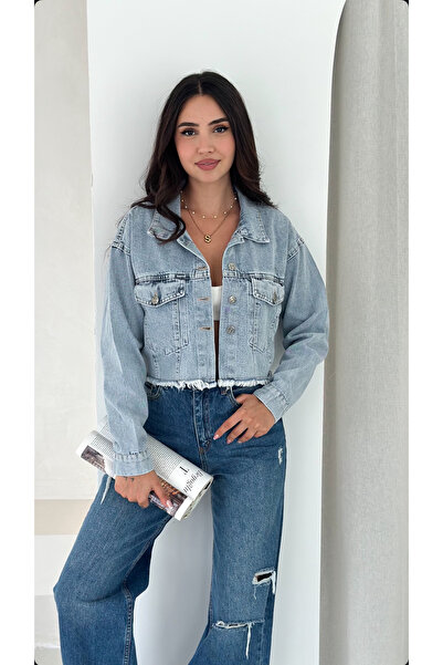 jöns since 1997 Jachetă de damă din denim albastru, scurtă, cu ciucuri și buz...