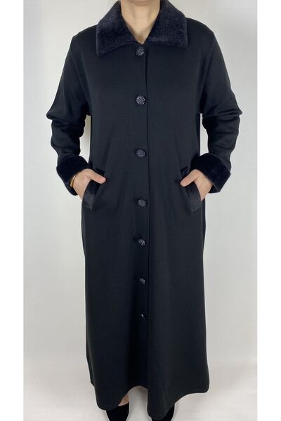 ECE GİYİM Steel Knitted Long Cardigan with Buttons on the Front and Fur Colla...