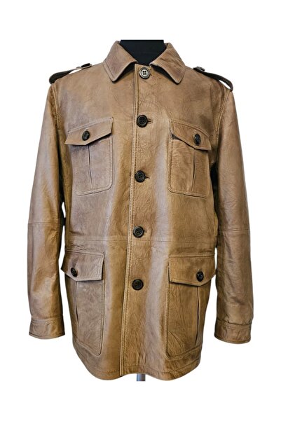 asus deri Maine - Hakiki Deri Erkek Bej Rengi Düğmeli Ceket