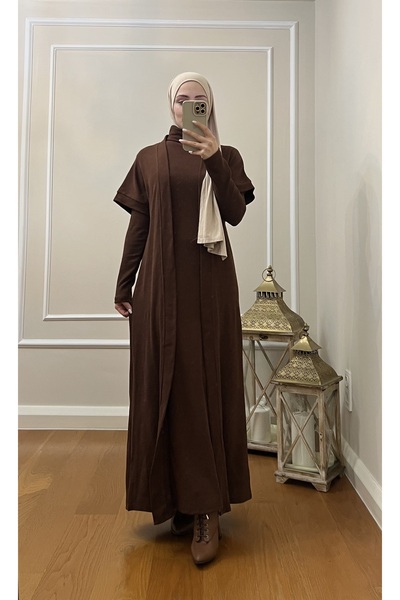 Esre Store 4441-H2- طقم حجاب فستان كارديجان بني